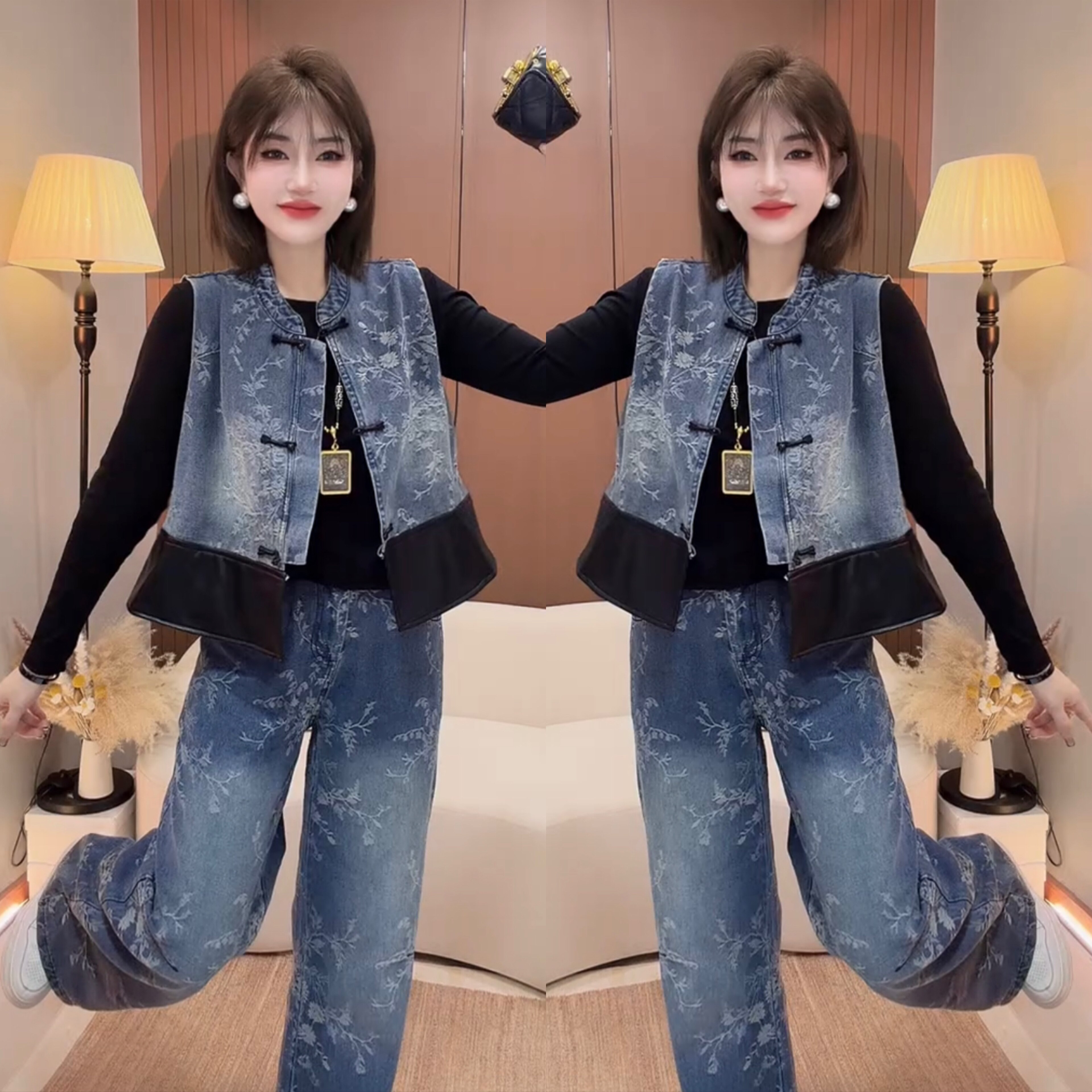 2026春季网红新款新中式牛仔三件套女国风重工印花马甲打底衫长裤