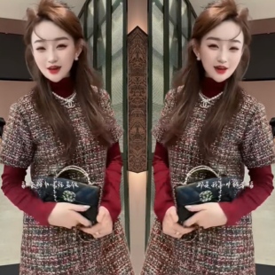 2025冬季网红新款香风两件套裙女法式编织粗花呢短袖连衣裙打底衫