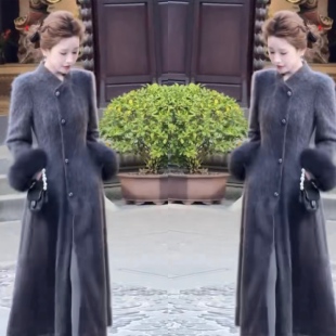 新中式优雅气质灰色中长款大衣女冬季新款设计感拉绒保暖毛呢外套