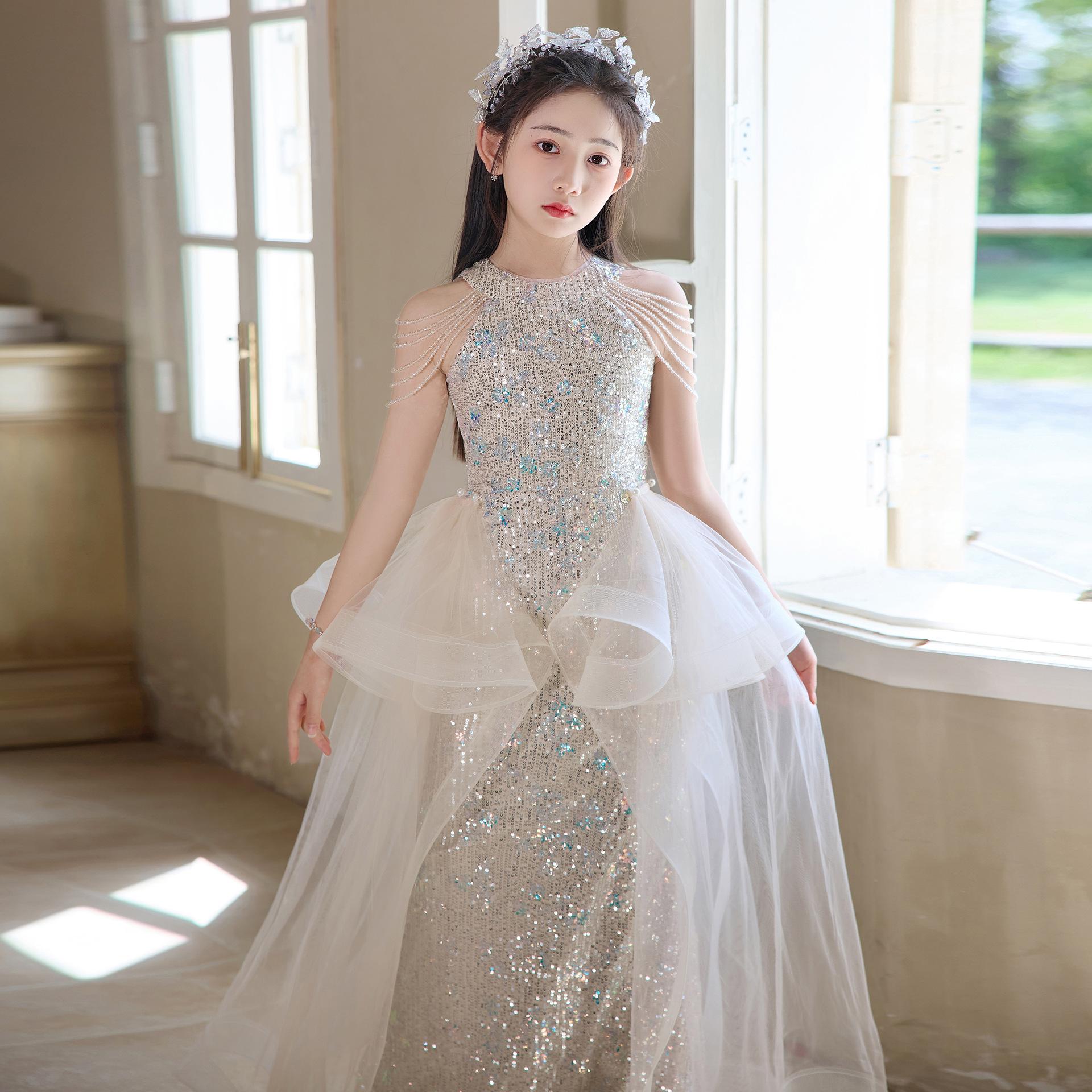 女童主持人晚礼服绝美人鱼公主裙鱼尾儿童走秀钢琴演奏演出服夏季