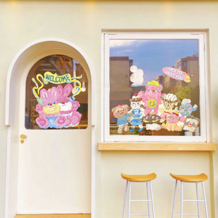 奶油小熊welcome欢迎光临卡通可爱装饰静电贴 蛋糕甜品店玻璃贴纸