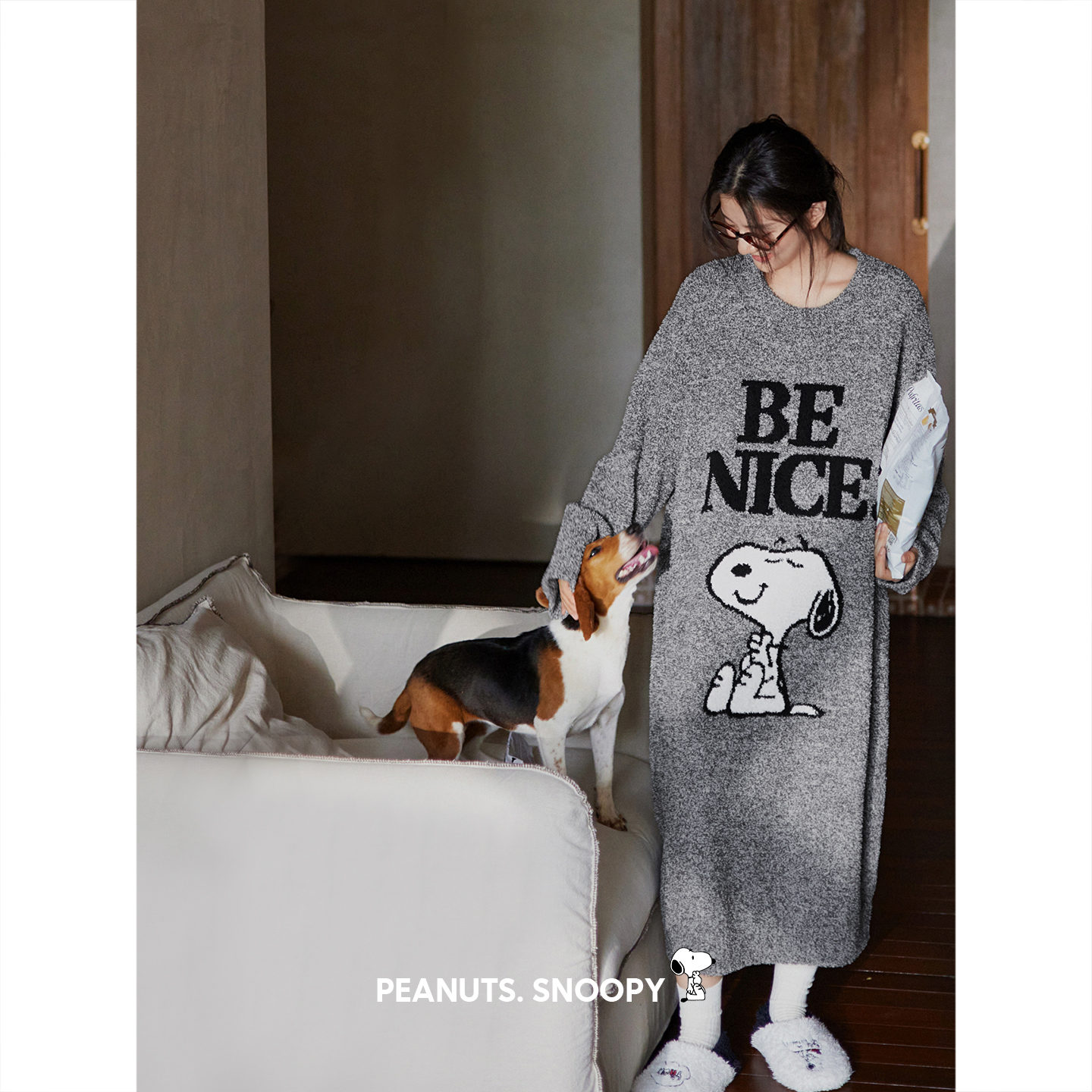 贝妍女士加厚半边绒史努比睡裙
