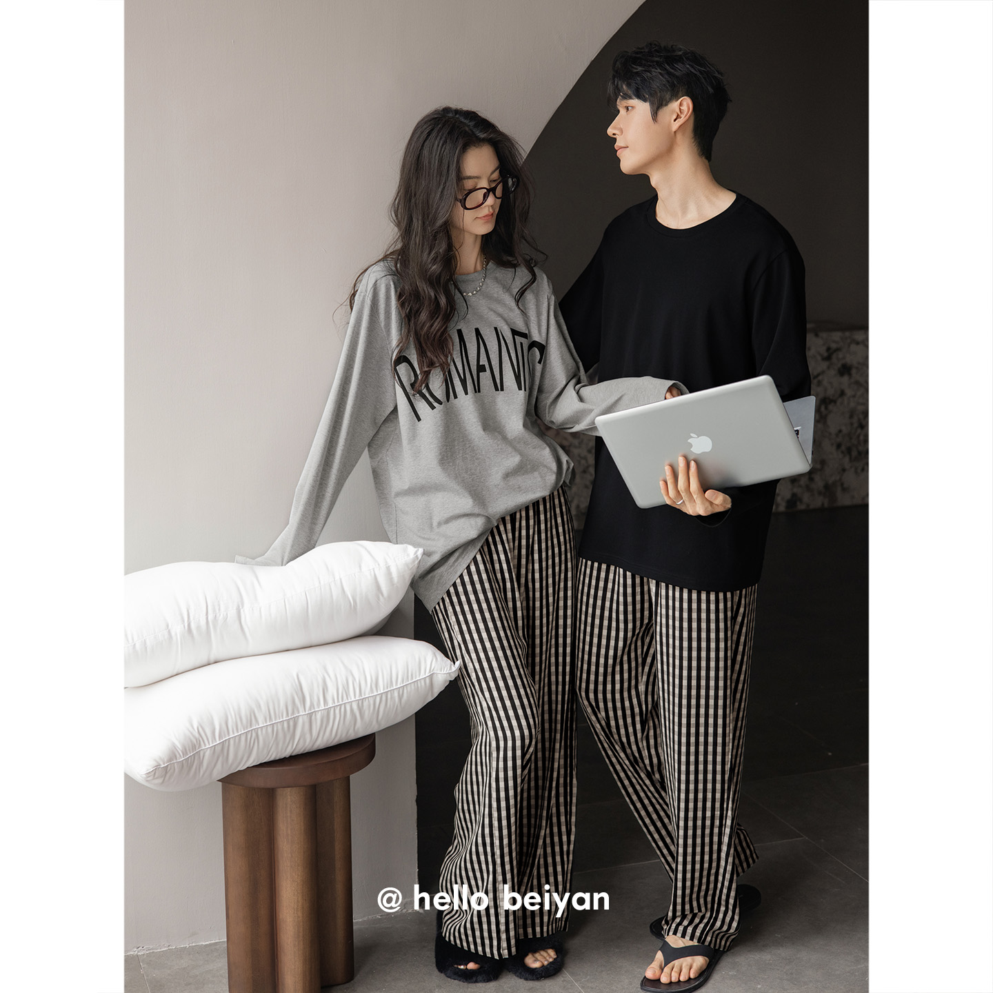 贝妍春秋柔软棉长袖情侣睡衣套装