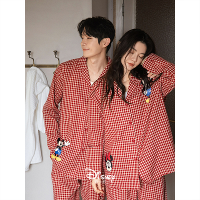 迪士尼春秋新婚红色开衫情侣睡衣