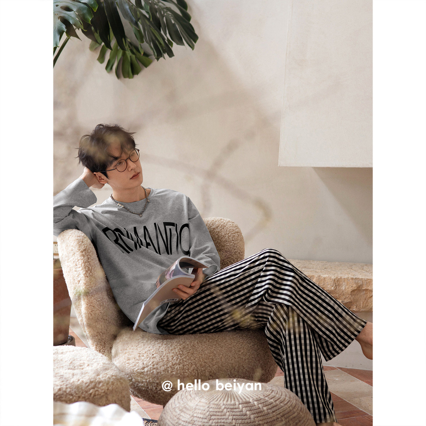 贝妍春秋男士柔软棉长袖睡衣套装