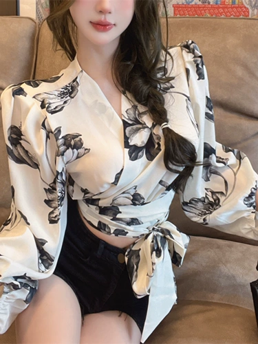 Осенний шелковый лонгслив, кардиган, рубашка с бантиком, V-образный вырез, рукава фонарики