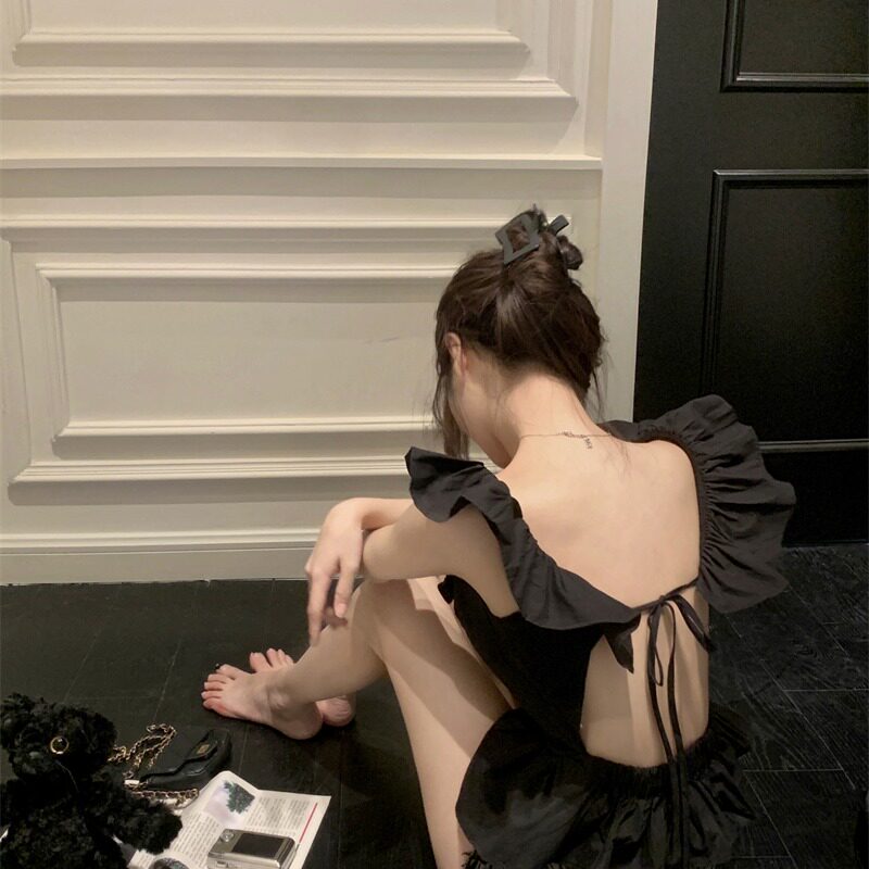 BABES TIE WAIST RUFFLES BACKLESS SMALL FLY SLEEVE VEST V-NECK SHIRT WOMENS SUMMER SEXY SHORT SLEEVELESS TOP