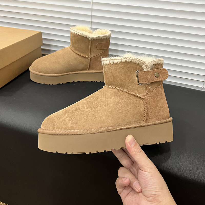 勾毛线冬短靴按扣雪地靴皮毛一点