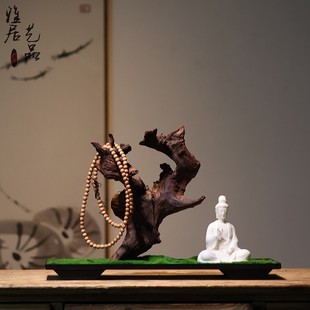 新中式 饰品 天然水沉木禅意树根摆件茶室样板间家居白瓷人物玄关装