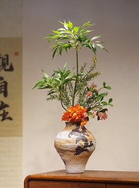 宋韵粗陶花瓶侘寂风插花意式摆件