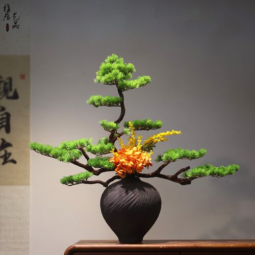 实木仿真迎客松宋韵陶瓷花瓶摆件