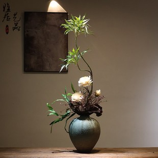 新中式陶瓷花瓶摆件侘寂风宋代美学禅意黄天竺高级感茶室玄关装饰