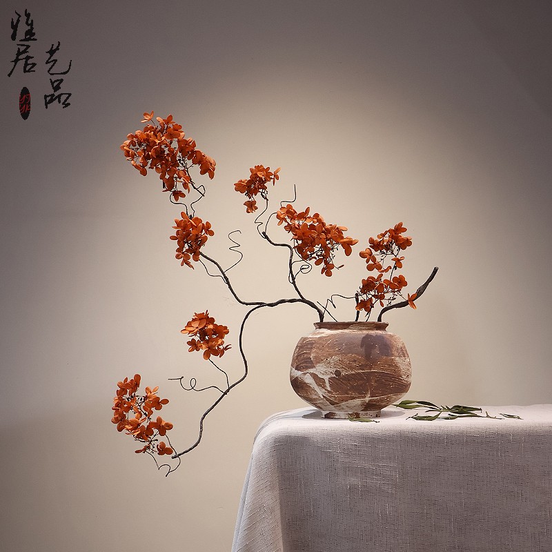 禅意侘寂风手工粗陶花瓶民宿客厅插花装饰新中式复古做旧陶罐摆件