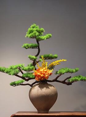 禅意仿真迎客松花插陶瓷花瓶摆件