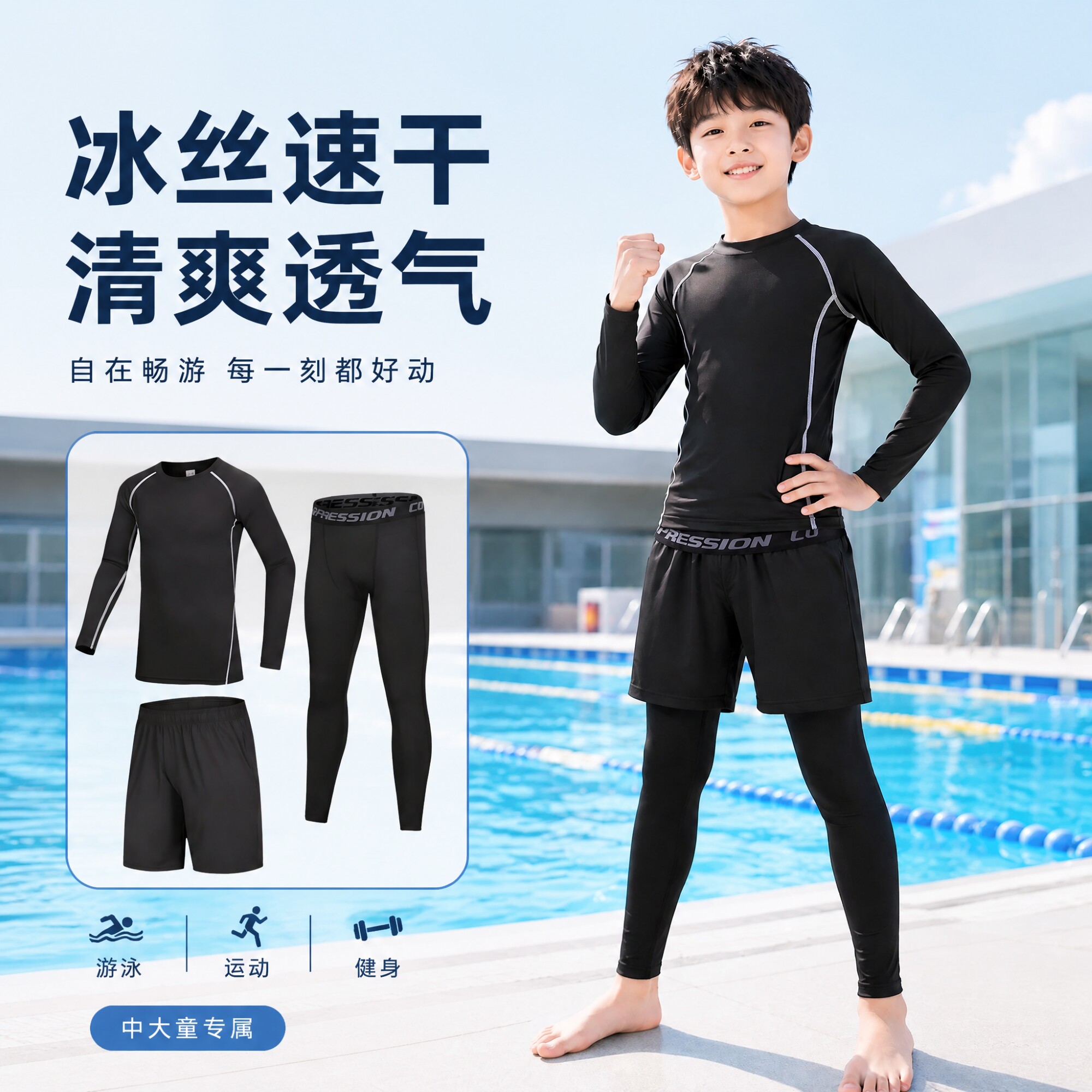 儿童泳衣男童长袖紧身衣速干防晒游泳运动套装青少年分体三件套夏