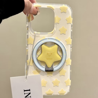 满屏黄色星星磁吸壳适用iPhone76pro/15手机壳苹果13个性14promax简约16promax硬壳14PRO笑脸星星磁吸支架