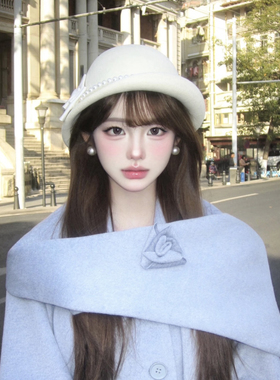 千金帽白富美全澳毛珍珠蝴蝶结礼帽女2025年冬赫本风优雅定型盆帽