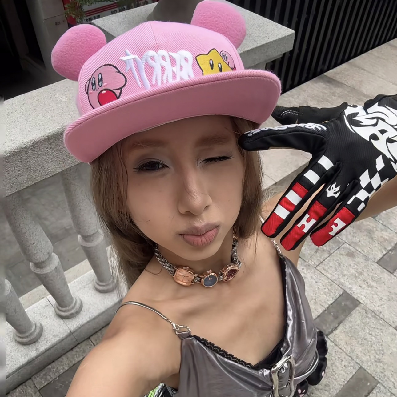 原创y2k甜酷粉色星之卡比卡通刺绣平檐帽女夏季百搭显脸小棒球帽