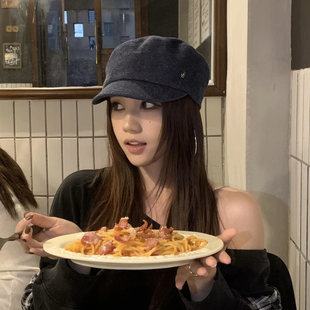 日系复古深蓝牛仔平顶马术帽女夏季薄款遮阳防晒骑士帽百搭鸭舌帽