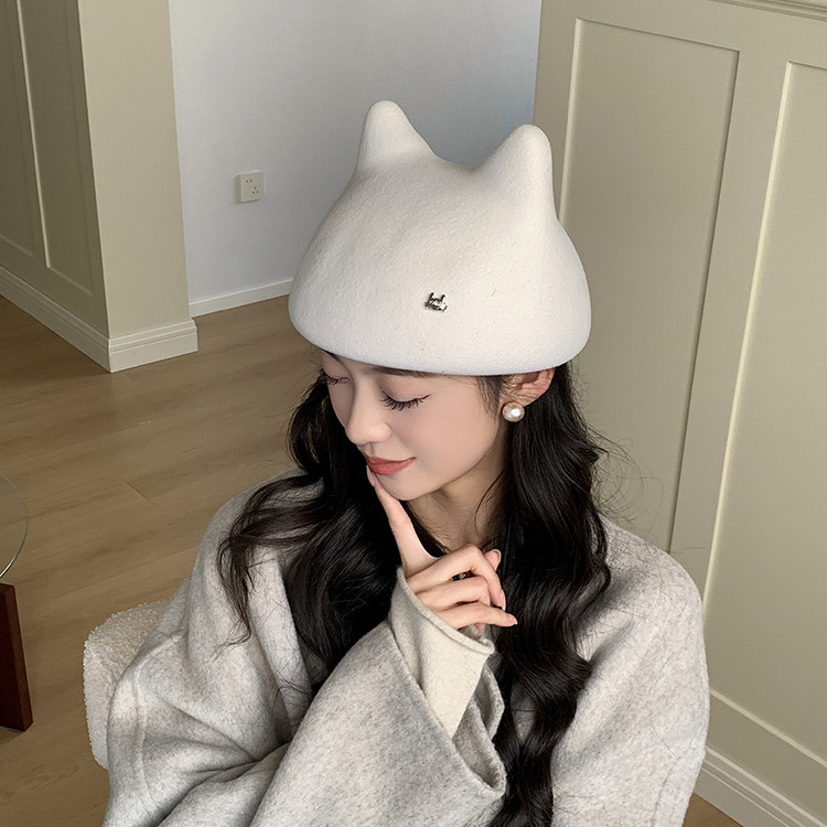 可爱小猫耳朵毛呢帽女秋冬保暖