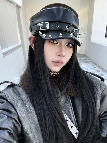 辣妹铆钉皮扣贝雷帽女百搭有型