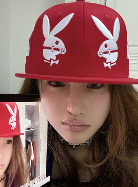 原创辣妹y2k甜酷风红色小兔子刺绣平檐帽女夏季百搭显脸小棒球帽