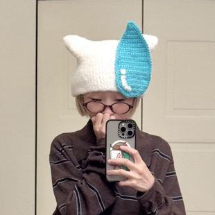 原创无语水滴流汗针织帽子女秋冬保暖百搭显脸小情侣创意套头帽男