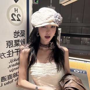 自制小众亚麻花朵艺术家帽子女中世纪复古显小画家帽褶皱贝雷帽潮