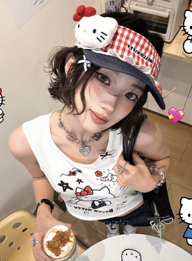 可爱格纹Kitty猫空顶防晒帽女夏季显脸小遮阳帽户外出游太阳帽子