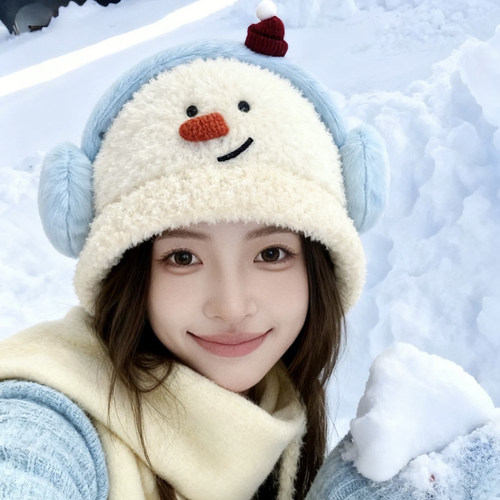 针织毛绒雪人秋冬护耳保暖大头围