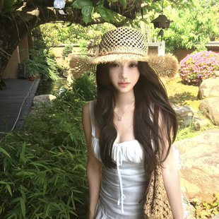 拉菲草镂空草帽女夏海边度假大檐遮阳帽时尚百搭太阳帽毛边防晒帽