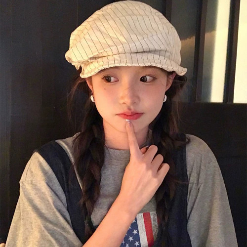 小众复古亚麻褶皱条纹云朵贝雷帽