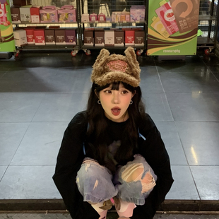 辣妹兔耳朵设计感异形可爱毛绒棒球帽冬季 百搭显脸小鸭舌帽子 新款