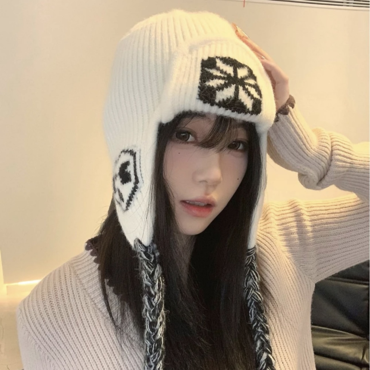 白色针织护耳帽女秋冬季韩版