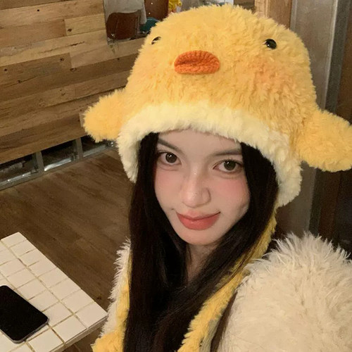 腮红小黄鸡手工钩针织毛绒帽