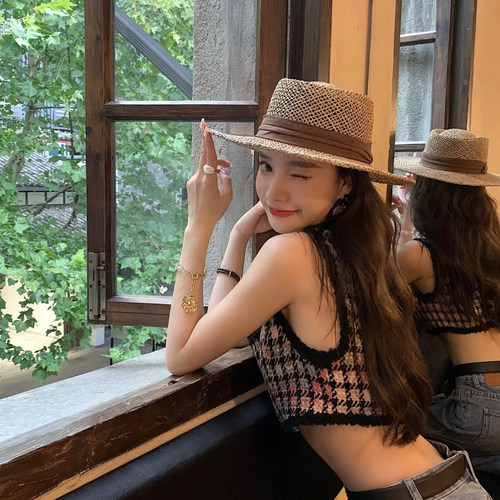 帽子女春夏平沿法式绑带草帽网红