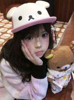 原创自制轻松熊Kuma可爱小熊卡通动漫毛绒立体耳朵棒球平檐帽子潮