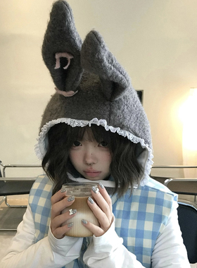 甜美可爱兔子耳朵毛绒帽子女秋冬保暖护耳雷锋帽显脸小加厚套头帽