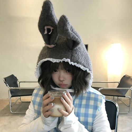 可爱兔子耳朵毛绒帽子女秋冬保暖
