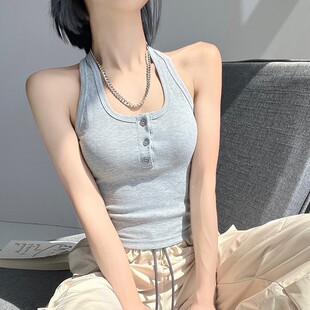 甜辣妹灰色挂脖吊带背心夏季纯欲性感显瘦美背直播衣服女主播上衣