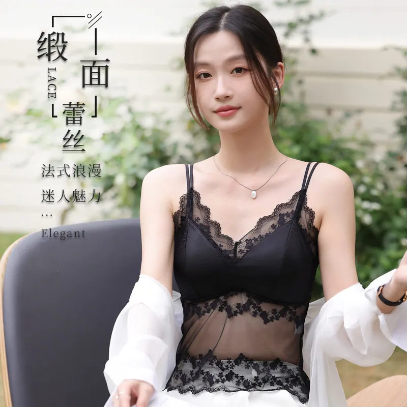 纯欲风蕾丝吊带背心女夏季薄款文胸一体打底内衣性感辣妹内搭上衣
