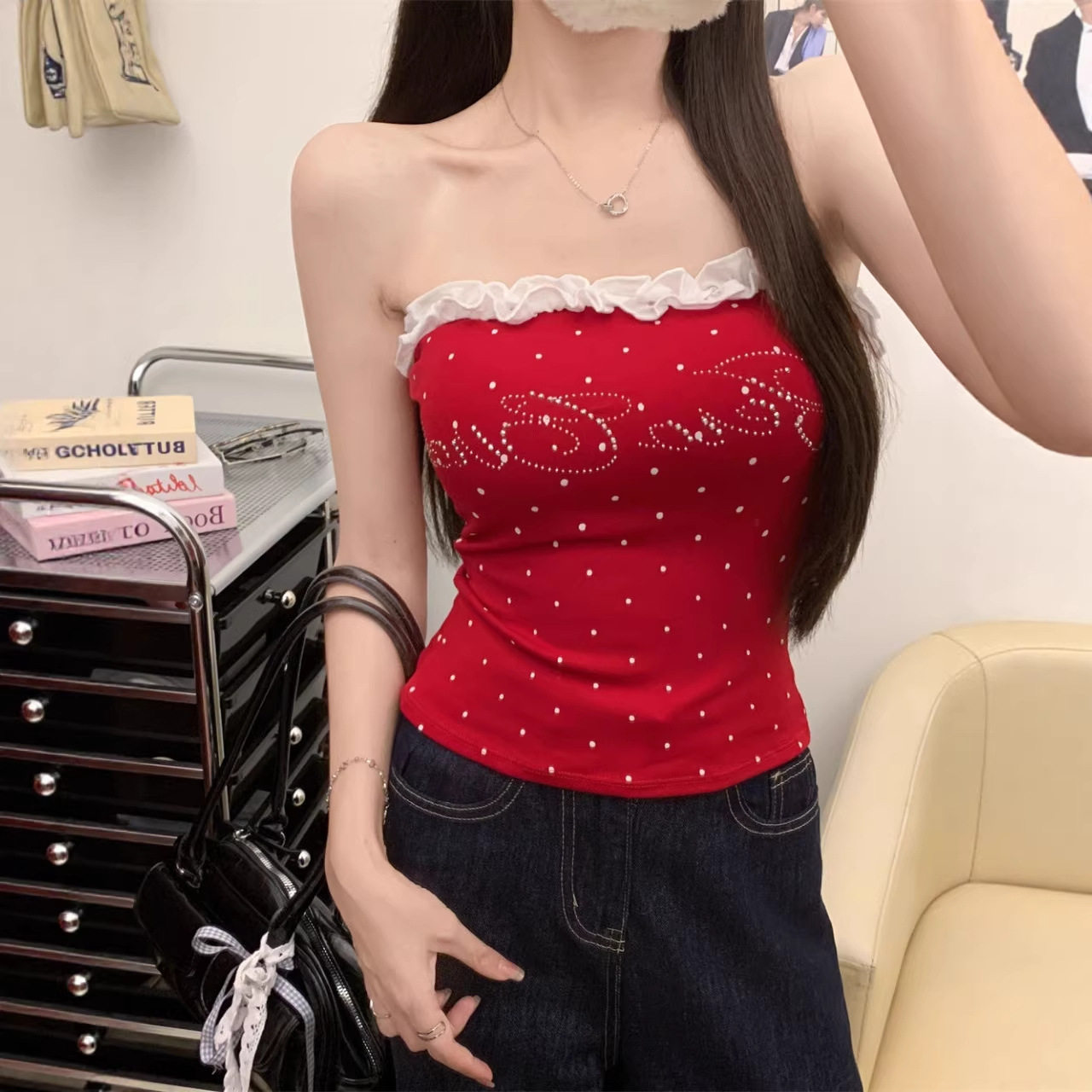 辣妹红色花边抹胸上衣夏季外穿纯欲风显瘦性感文胸一体吊带背心女