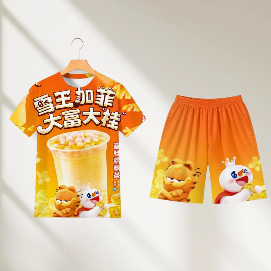 潮流2026年夏季3D印花短袖T恤宽松圆领上衣短裤蜜雪冰城套装睡衣