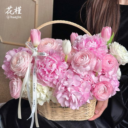 花槿奶油米网红手提编织花篮