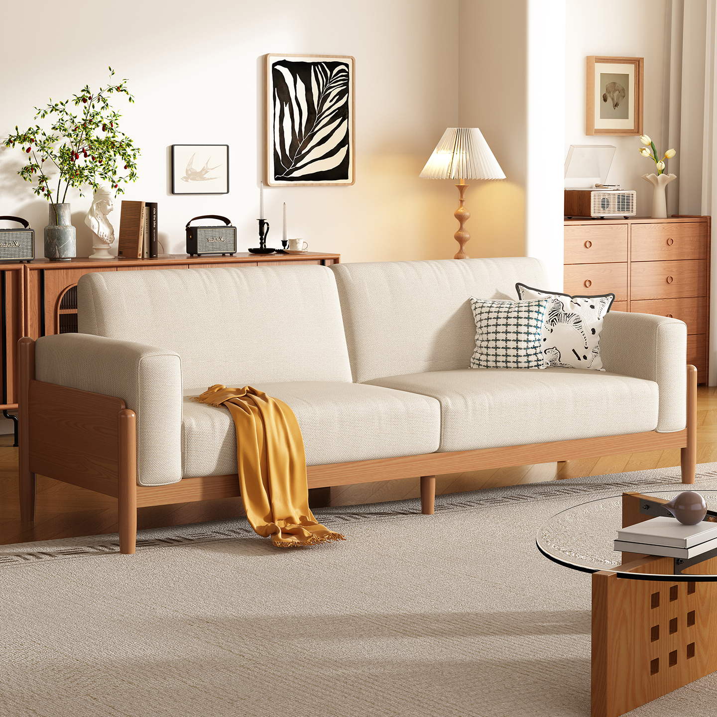 布艺沙发现代简约小户型客厅奶油原木风全实木可拆洗直排棉麻沙发