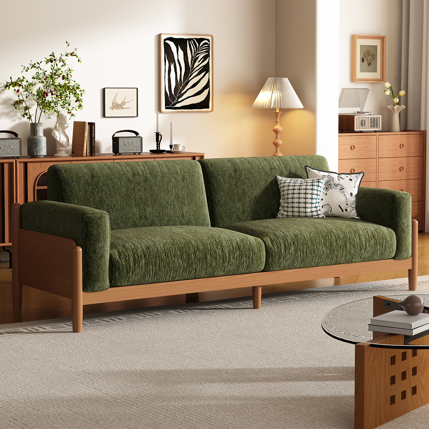 全实木沙发小户型客厅直排两三人位可拆洗网红中古风棉麻布艺沙发