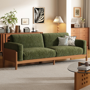 全实木沙发小户型客厅直排两三人位可拆洗网红中古风棉麻布艺沙发