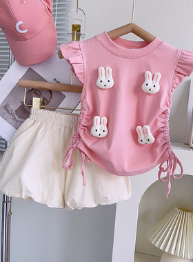 女童夏季新款套装宝宝可爱小兔子飞袖上衣半身裙裤两件套AXA569