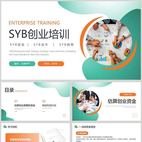 绿橙配色职场办公背景的SYB创业培训PPT模板