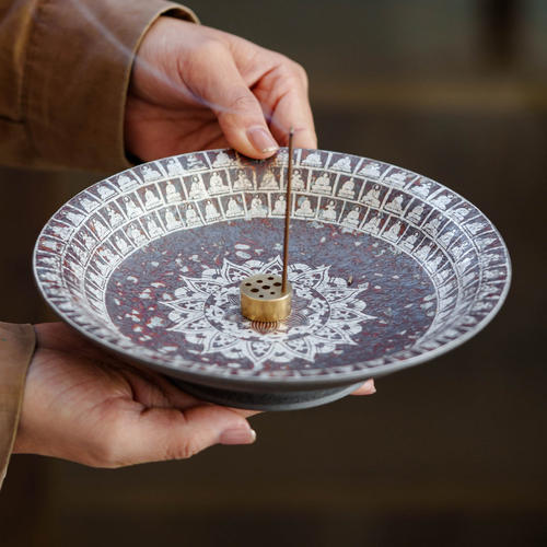 鎏银老岩泥万佛香盘陶瓷线香底座托盘高档香插家用中式插香固定器